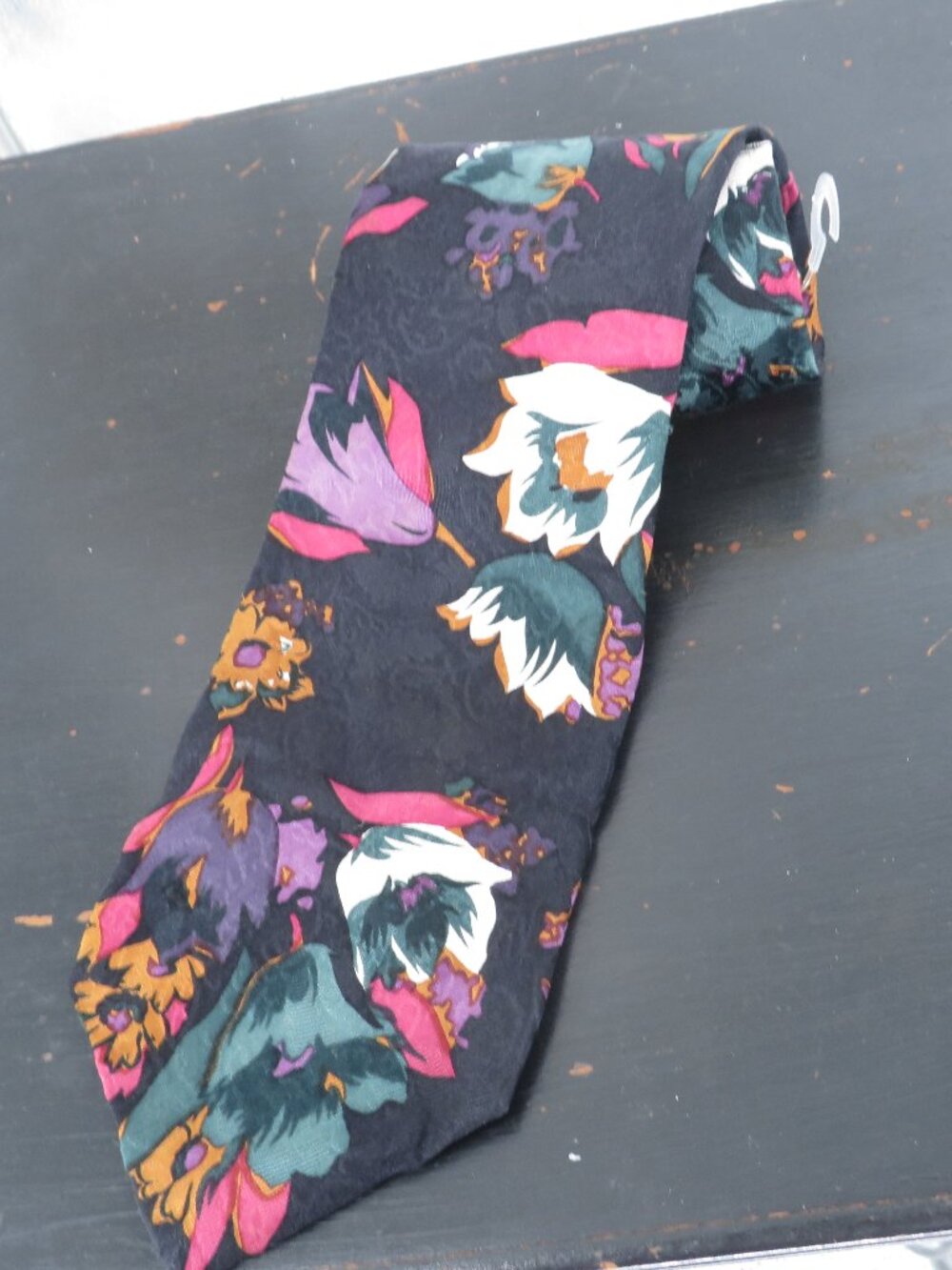 Vintage Silk Necktie 4 Inch Wide John Henry Floral Black Teal Purple Made in USA